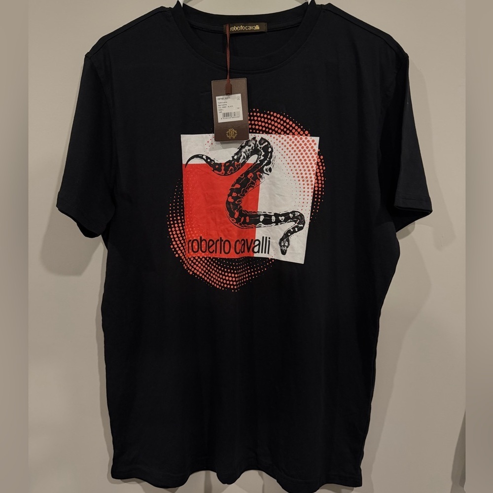 NWT Roberto Cavalli Black Tee with Red Snake Design Size L